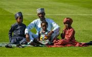 20 July 2021; The Musa family of Zainab, left, Abdullahi, Fatima and dad Masoud, from Nigeria, on the pitch during the celebration of Eid Al-Adha at Croke Park in Dublin. Photo by Ray McManus/Sportsfile
