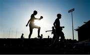 20 July 2021; Offaly players warm up ahead of the Leinster GAA Hurling U20 Championship semi-final match between Dublin and Offaly at Parnell Park in Dublin. Photo by Daire Brennan/Sportsfile