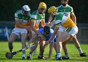 20 July 2021; Séamus Fenton of Dublin in action against Offaly players, from left to right, Aaron Flanagan, Cian Burke, Killian Sampson, during the Leinster GAA Hurling U20 Championship semi-final match between Dublin and Offaly at Parnell Park in Dublin. Photo by Daire Brennan/Sportsfile