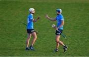 20 July 2021; Dublin players, Brian Sheehy, right, and Joe Flanagan celebrate after the Leinster GAA Hurling U20 Championship semi-final match between Dublin and Offaly at Parnell Park in Dublin. Photo by Daire Brennan/Sportsfile