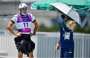 21 July 2021; Liam Jegou of Ireland with coach Nico Peschier during a training session at the Kasai Canoe Slalom Centre ahead of the start of the 2020 Tokyo Summer Olympic Games in Tokyo, Japan. Photo by Brendan Moran/Sportsfile