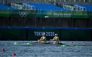 21 July 2021; Team Ireland Women's Lightweight Double Sculls rowers Margaret Cremen, left, and Aoife Casey training at the Sea Forest Waterway ahead of the start of the 2020 Tokyo Summer Olympic Games in Tokyo, Japan. Photo by Brendan Moran/Sportsfile