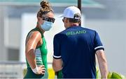 21 July 2021; Team Ireland Women's Four reserve rower Tara Hanlon with team manager Feargal O'Callaghan after training at the Sea Forest Waterway ahead of the start of the 2020 Tokyo Summer Olympic Games in Tokyo, Japan. Photo by Brendan Moran/Sportsfile