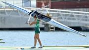 21 July 2021; Team Ireland Women's Four reserve rower Tara Hanlon carries her boat after training at the Sea Forest Waterway ahead of the start of the 2020 Tokyo Summer Olympic Games in Tokyo, Japan. Photo by Brendan Moran/Sportsfile
