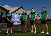 21 July 2021; Irish senior international players, from right, Jason Killeen, John Carroll and Sean Flood, alongside head coach Mark Keenan at the National Basketball Arena for the announcement of senior Irish men’s squad ahead of the FIBA European Championship for Small Countries at the National Basketball Arena, Dublin. Photo by Eóin Noonan/Sportsfile