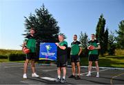 21 July 2021; Irish senior international players, from left, Jason Killeen, Sean Flood and John Carroll, alongside head coach Mark Keenan, centre, at the National Basketball Arena for the announcement of senior Irish men’s squad ahead of the FIBA European Championship for Small Countries at the National Basketball Arena, Dublin. Photo by Eóin Noonan/Sportsfile