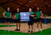 21 July 2021; Irish senior international players, from right, Jason Killeen, John Carroll and Sean Flood, alongside head coach Mark Keenan at the National Basketball Arena for the announcement of senior Irish men’s squad ahead of the FIBA European Championship for Small Countries at the National Basketball Arena, Dublin. Photo by Eóin Noonan/Sportsfile