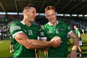 18 July 2021; Dan Morrisey, left, and William O'Donoghue of Limerick celebrate after the Munster GAA Hurling Senior Championship Final match between Limerick and Tipperary at Páirc Uí Chaoimh in Cork. Photo by Ray McManus/Sportsfile