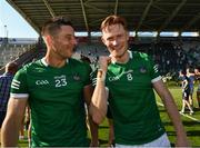 18 July 2021; Dan Morrisey, left, and William O'Donoghue of Limerick celebrate after the Munster GAA Hurling Senior Championship Final match between Limerick and Tipperary at Páirc Uí Chaoimh in Cork. Photo by Ray McManus/Sportsfile