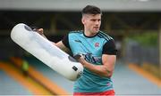 11 July 2021; Conor Doherty of Derry warms up using the tsunami product before the Ulster GAA Football Senior Championship Quarter-Final match between Derry and Donegal at Páirc MacCumhaill in Ballybofey, Donegal. Photo by Stephen McCarthy/Sportsfile