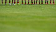 21 July 2021; A general view of some of the socks and boots of Mayo players as they stand for Amhrán na bhFiann before the EirGrid Connacht GAA Football U20 Championship Final match between Mayo and Roscommon at Elverys MacHale Park in Castlebar, Mayo. Photo by Piaras Ó Mídheach/Sportsfile