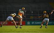 21 July 2021; Donal Shirley of Offaly is blocked down by James Walsh, left, and Killian Doyle of Kilkenny during the Electric Ireland Leinster GAA Minor Hurling Championship Semi-Final match between Kilkenny and Offaly at UPMC Nowlan Park in Kilkenny. Photo by Eóin Noonan/Sportsfile
