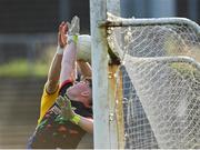 21 July 2021; Mayo goalkeeper Ronan Connolly looks on as Keith Doyle of Roscommon, behind, puts the ball into the back of the net, before the goal was ruled out, during the EirGrid Connacht GAA Football U20 Championship Final match between Mayo and Roscommon at Elverys MacHale Park in Castlebar, Mayo. Photo by Piaras Ó Mídheach/Sportsfile