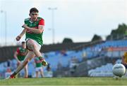 21 July 2021; Jack Mahon of Mayo takes a penalty, that was saved by Roscommon goalkeeper Conor Carroll, during the EirGrid Connacht GAA Football U20 Championship Final match between Mayo and Roscommon at Elverys MacHale Park in Castlebar, Mayo. Photo by Piaras Ó Mídheach/Sportsfile