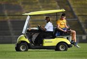 21 July 2021; Cian Glennon of Roscommon leaves the pitch on a medical cart to receive medical attention during the EirGrid Connacht GAA Football U20 Championship Final match between Mayo and Roscommon at Elverys MacHale Park in Castlebar, Mayo. Photo by Piaras Ó Mídheach/Sportsfile