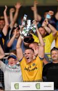 21 July 2021; Roscommon captain Colin Walsh lifts the cup after the EirGrid Connacht GAA Football U20 Championship Final match between Mayo and Roscommon at Elverys MacHale Park in Castlebar, Mayo. Photo by Piaras Ó Mídheach/Sportsfile