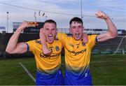 21 July 2021; Roscommon players Colin Walsh, left, and Dylan Gaughan celebrate after their side's victory in the EirGrid Connacht GAA Football U20 Championship Final match between Mayo and Roscommon at Elverys MacHale Park in Castlebar, Mayo. Photo by Piaras Ó Mídheach/Sportsfile