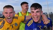 21 July 2021; Roscommon players Colin Walsh, left, and Conor Carroll celebrate after their side's victory in the EirGrid Connacht GAA Football U20 Championship Final match between Mayo and Roscommon at Elverys MacHale Park in Castlebar, Mayo. Photo by Piaras Ó Mídheach/Sportsfile