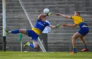 21 July 2021; Roscommon captain Colin Walsh, right, palms the ball off the goal line, supported by his goalkeeper Conor Carroll in injury time of the second half during the EirGrid Connacht GAA Football U20 Championship Final match between Mayo and Roscommon at Elverys MacHale Park in Castlebar, Mayo. Photo by Piaras Ó Mídheach/Sportsfile