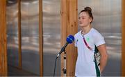 22 July 2021; Team Ireland swimmer Mona McSharry is interviewed during a media conference at the Olympic Village ahead of the start of the 2020 Tokyo Summer Olympic Games in Tokyo, Japan. Photo by Brendan Moran/Sportsfile