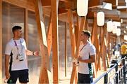 22 July 2021; Team Ireland rugby 7s players Bryan Mollen, left, and Greg O'Shea after a media conference at the Olympic Village ahead of the start of the 2020 Tokyo Summer Olympic Games in Tokyo, Japan. Photo by Brendan Moran/Sportsfile