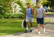 22 July 2021; Adam Byrne, left, and Contact skills coach Hugh Hogan as Leinster Rugby return to training at Leinster Rugby Headquarters in Dublin. Photo by Harry Murphy/Sportsfile