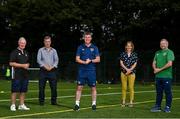 22 July 2021; Republic of Ireland manager Stephen Kenny with, from left, Albert Johnston of Templeogue United, Colm Ward, South Dublin County Coucil, Paula Swayne, South Dublin County Council and Robbie De Courcy, FAI Development Officer, during a visit to the INTERSPORT Elverys Summer Soccer Schools at Templeogue United FC in Dublin. Photo by Eóin Noonan/Sportsfile