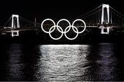 22 July 2021; A general view of the Olympic Rings at Odaiba Marine Park, under the Rainbow Bridge and Tokyo Tower, ahead of the start of the 2020 Tokyo Summer Olympic Games in Tokyo, Japan. Photo by Ramsey Cardy/Sportsfile