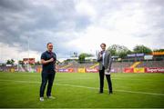 10 July 2021; Marcus Ó Buachalla of Sky Sports, left, and Billy Joe Padden before the Ulster GAA Football Senior Championship quarter-final match between Tyrone and Cavan at Healy Park in Omagh, Tyrone. Photo by Stephen McCarthy/Sportsfile