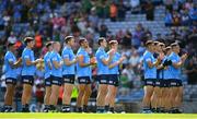 18 July 2021; Dublin players observe a minutes applause in memory of Monaghan Under-20 captain Brendan Óg O Dufaigh before the Leinster GAA Senior Football Championship Semi-Final match between Dublin and Meath at Croke Park in Dublin. Photo by Eóin Noonan/Sportsfile