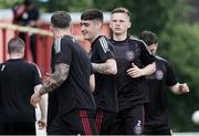 22 July 2021; Andy Lyons of Bohemians, right, in the warm-up ahead of the UEFA Europa Conference League second qualifying round first leg match between F91 Dudelange and Bohemians at Stade Jos Nosbaum in Dudelange, Luxembourg. Photo by Gerry Schmit/Sportsfile