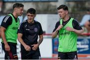 22 July 2021; Bohemians players, from left, Rob Cornwall, Dawson Devoy and Ali Coote warm-up before the UEFA Europa Conference League second qualifying round first leg match between F91 Dudelange and Bohemians at Stade Jos Nosbaum in Dudelange, Luxembourg. Photo by Gerry Schmit/Sportsfile
