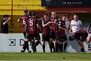 22 July 2021; Ross Tierney, centre, of Bohemians celebrates with his team-mates after scoring his side's first goal during the UEFA Europa Conference League second qualifying round first leg match between F91 Dudelange and Bohemians at Stade Jos Nosbaum in Dudelange, Luxembourg. Photo by Gerry Schmit/Sportsfile