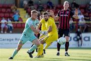 22 July 2021; Bohemians goalkeeper James Talbot in action against Dejvid Sinani of F91 Dudelange during the UEFA Europa Conference League second qualifying round first leg match between F91 Dudelange and Bohemians at Stade Jos Nosbaum in Dudelange, Luxembourg. Photo by Gerry Schmit/Sportsfile