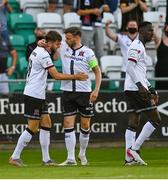 22 July 2021; Will Patching of Dundalk celebrates with team-mate Andy Boyle after scoring his side's first goal during the UEFA Europa Conference League second qualifying round first leg match between Dundalk and Levadia at Tallaght Stadium in Dublin. Photo by Eóin Noonan/Sportsfile