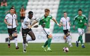 22 July 2021; Bogdan Vaštšuk of Levadia in action against Wilfred Zahibo of Dundalk during the UEFA Europa Conference League second qualifying round first leg match between Dundalk and Levadia at Tallaght Stadium in Dublin. Photo by Ben McShane/Sportsfile