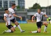 22 July 2021; David McMillan of Dundalk celebrates with team-mates Daniel Kelly and Darragh Leahy after scoring his side's second goal during the UEFA Europa Conference League second qualifying round first leg match between Dundalk and Levadia at Tallaght Stadium in Dublin. Photo by Eóin Noonan/Sportsfile