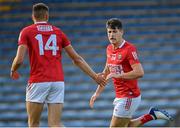 22 July 2021; Seán McDonnell of Cork, right, celebrates with team-mate Colin Walsh after scoring his side's second goal during the EirGrid Munster GAA Football U20 Championship Final match between Cork and Tipperary at Semple Stadium in Thurles, Tipperary. Photo by Piaras Ó Mídheach/Sportsfile