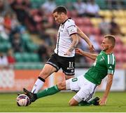 22 July 2021; Patrick McEleney of Dundalk is tackled by Brent Lepistu of Levadia during the UEFA Europa Conference League second qualifying round first leg match between Dundalk and Levadia at Tallaght Stadium in Dublin. Photo by Eóin Noonan/Sportsfile