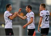 22 July 2021; David McMillan of Dundalk, centre, celebrates with team-mate Raivis Jurkovskis after scoring his side's second goal during the UEFA Europa Conference League second qualifying round first leg match between Dundalk and Levadia at Tallaght Stadium in Dublin. Photo by Eóin Noonan/Sportsfile