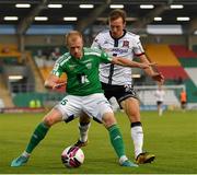 22 July 2021; Maksim Podholjuzin of Levadia in action against David McMillan of Dundalk during the UEFA Europa Conference League second qualifying round first leg match between Dundalk and Levadia at Tallaght Stadium in Dublin. Photo by Eóin Noonan/Sportsfile
