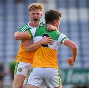 22 July 2021; Offaly players Jack Bryant and Fionn Dempsey celebrate after the EirGrid Leinster GAA Football U20 Championship Final match between Dublin and Offaly at MW Hire O'Moore Park in Portlaoise, Laois. Photo by Matt Browne/Sportsfile