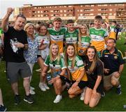 22 July 2021; Offaly supporters celebrate after the EirGrid Leinster GAA Football U20 Championship Final match between Dublin and Offaly at MW Hire O'Moore Park in Portlaoise, Laois. Photo by Matt Browne/Sportsfile