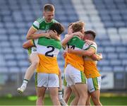 22 July 2021; Offaly players Mikey Cunningham and Fionn Dempsey celebrate after the EirGrid Leinster GAA Football U20 Championship Final match between Dublin and Offaly at MW Hire O'Moore Park in Portlaoise, Laois. Photo by Matt Browne/Sportsfile