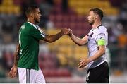 22 July 2021; Andy Boyle of Dundalk and Maximiliano Uggè of Levadia fist-bump after their side's draw of the UEFA Europa Conference League second qualifying round first leg match between Dundalk and Levadia at Tallaght Stadium in Dublin. Photo by Ben McShane/Sportsfile