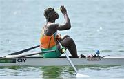 23 July 2021; Frank N'Dri of Ivory Coast cools himself before his men's single sculls heat at the Sea Forest Waterway during the 2020 Tokyo Summer Olympic Games in Tokyo, Japan. Photo by Seb Daly/Sportsfile