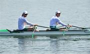 23 July 2021; Philip Doyle, right, and Ronan Byrne of Ireland warm-up before their heat of the men's double sculls at the Sea Forest Waterway during the 2020 Tokyo Summer Olympic Games in Tokyo, Japan. Photo by Seb Daly/Sportsfile