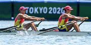23 July 2021; Ancuta Bodnar, left, and Simona Radis of Romania in action during the heats of the women's double sculls at the Sea Forest Waterway during the 2020 Tokyo Summer Olympic Games in Tokyo, Japan. Photo by Stephen McCarthy/Sportsfile