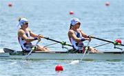23 July 2021; Elodie Ravera-Scaramozzino, stern, and Helene Lefebvre of France in action during their heat of the women's double sculls at the Sea Forest Waterway during the 2020 Tokyo Summer Olympic Games in Tokyo, Japan. Photo by Seb Daly/Sportsfile