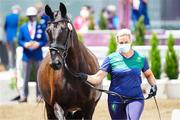 23 July 2021; Ireland's Heike Holstein with Sambuca during the Dressage 1st horse inspection at the Equestrian Park during the 2020 Tokyo Summer Olympic Games in Tokyo, Japan. Photo by Pierre Costabadie/Sportsfile